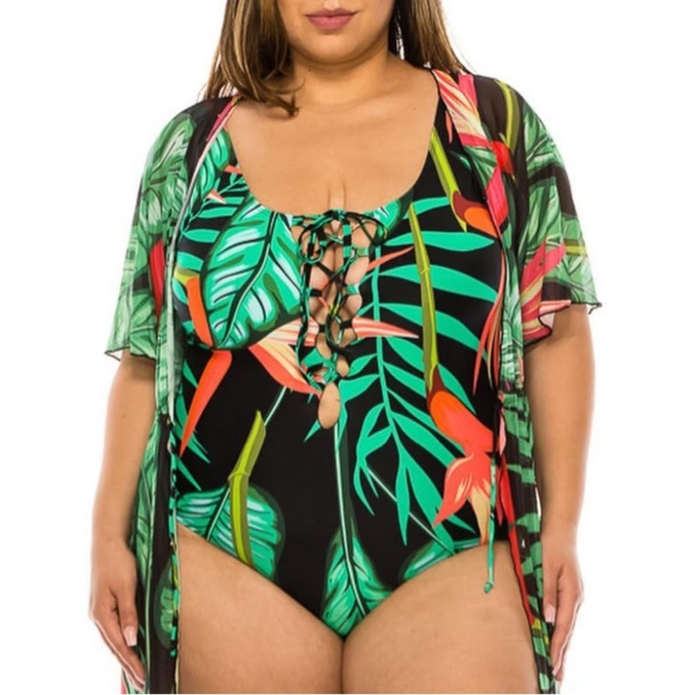 Tropical Lace-Up One-Piece Swimsuit - Black Green